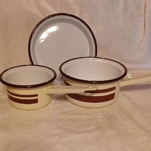 Classic Cream and Brown Enamel Cookware Set Vintage Cook Pans